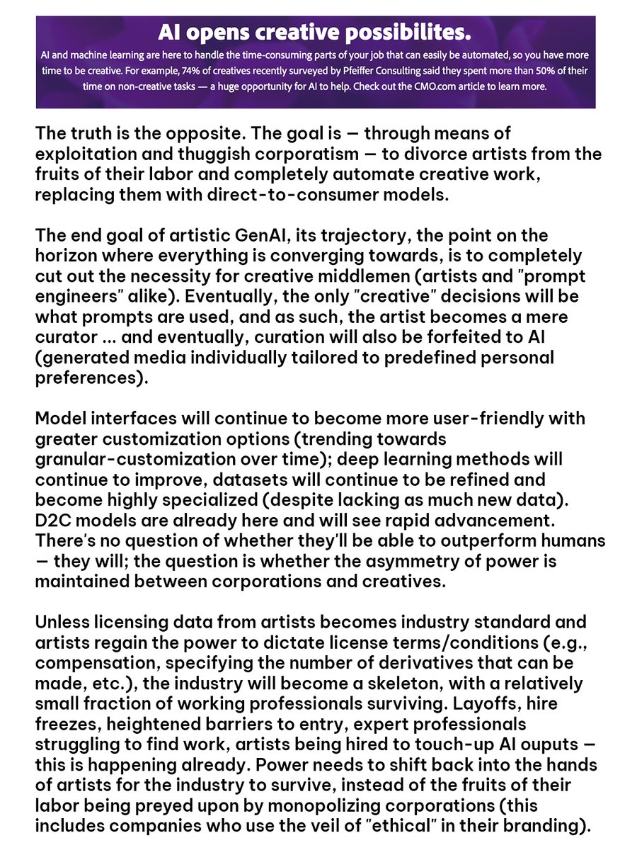 'AI & machine learning are here to handle the time-consuming parts of your job ... so you have more time to be creative.' — Adobe. No, the goal is to completely automate creative labor & replace artists with direct-to-consumer models. #createdontscrape #supporthumanartists