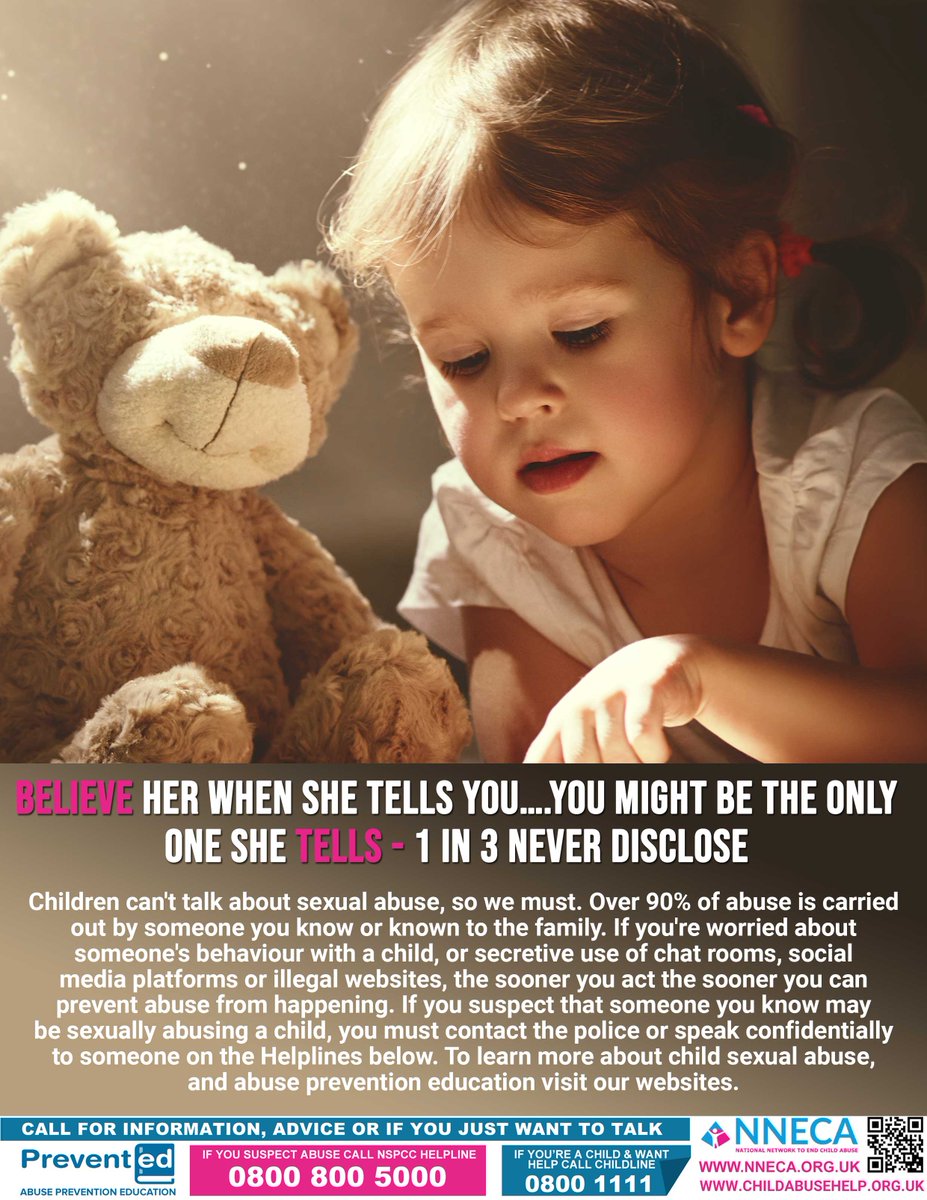 BELIEVE HER WHEN SHE TELLS YOU…YOU MIGHT BE THE ONLY ONE SHE TELLS
Children cannot disclose abuse, adults must be aware of the signs and ask the questions. #ChildAbuseHelp #FamilySecret #PreventED #ChildProtection nneca.org.uk