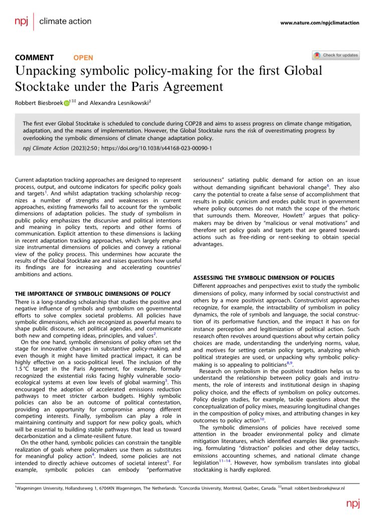 Better late than never: @ccadaptlab and I call for considering the positive and negative effects of political symbolism in (global) stocktaking of #ClimateAction #COP28 nature.com/articles/s4416…