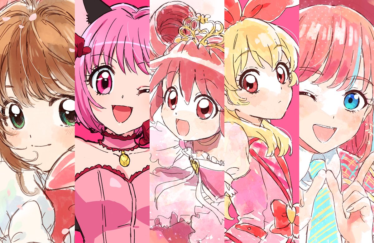 hoshimiya ichigo ,kinomoto sakura multiple girls one eye closed smile 5girls pink hair brown hair tiara  illustration images