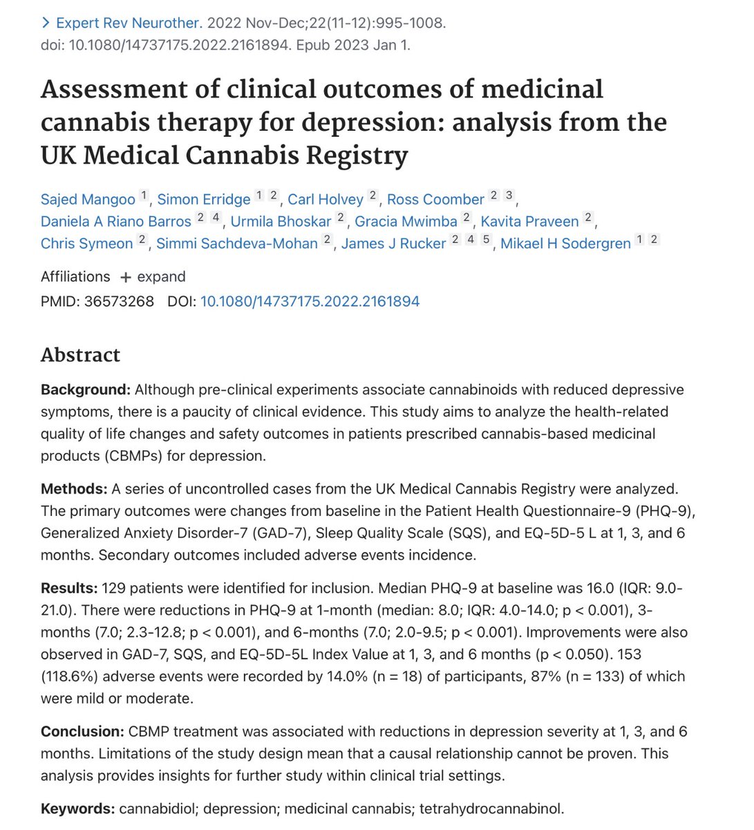 イギリスの医療大麻データベースによると、うつ病患者においても大麻は有効。

同じレジストリからこれまでに報告された論文のまとめはこちらで記事にしました。
greenzonejapan.com/2022/07/13/med…

＃今日の大麻医学