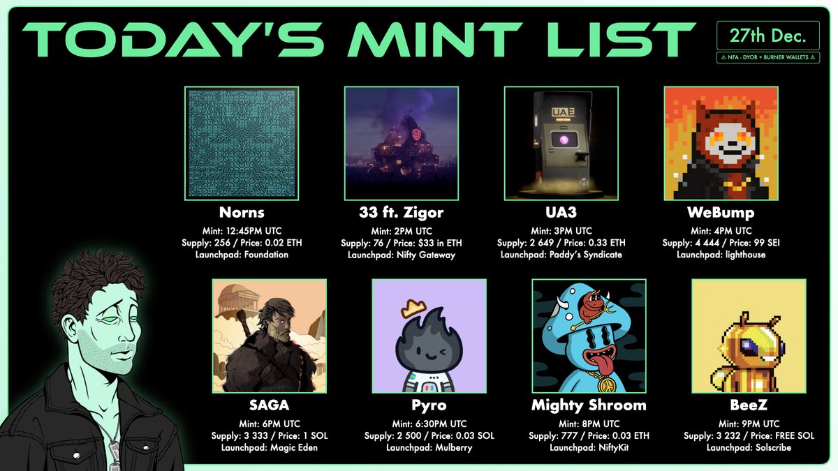 🔥 Today's Mint List 🔥

12:45UTC・<a href="/studiostrauss/">Andrew Strauss</a>・0.02 $ETH
14UTC・<a href="/zigor/">zigor</a>・$33 in $ETH
15UTC・<a href="/ua3art/">UA3art</a>・0.33 $ETH
16UTC・<a href="/webump_/">WeBump</a>・99 $SEI
18UTC・@SagaTheRagnarok・1 $SOL
18:30UTC・<a href="/PyroInSol/">Pyro</a>・0.03 $SOL (raffle)
20UTC・<a href="/mighty_shroom/">Mighty Shroom</a>・0.03 $ETH
21UTC・<a href="/BeeZNFT_/">BeeZ | 🐝</a>・FREE $SOL