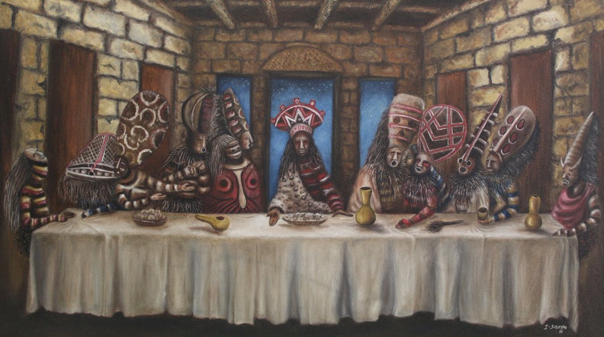 ukusefya's tweet photo. ‘The Last Supper’ by Ignatius Sampa. 

The artist was only 23 years old when he took the Lusaka art scene by storm with his caricatures of the Makishi. 

In the same year, 2014, on a fateful November morning, he was tragically killed in a hit-and-run accident on GER. 

Rumours started swirling in the art community surrounding the mystery of his death, claiming that the Makishi had killed him. Also known as the Akishi in Angola and the DRC, they are believed to be spirits of the deceased.

“The Makishi were tired of Sampa’s shenanigans. They were tired of disrespectfully being portrayed in renditions of Da Vinci’s Last Supper and Mona Lisa, riding Harley Davidson motorcycles, doing the Salsa or playing the violin and so by otherworldly means claimed the artist’s life by physically manifesting the death in a fatal accident.”  — Andrew Mulenga, The Bulletin & Record, 2015. 

Full article and a collection of some of the artist’s Makishi paintings.

https://t.co/SuDi5qAT0J