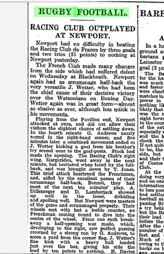 💯yrs ago today @NewportRFC have no trouble beating Racing Club de France as they win 21-0 day after the French play at Blackheath the day before. Racing also meet Leciester on their UK tour in 1923. 10000 at Rodney Parade #YmlaenCasnewydd ⚫🔶#COTP