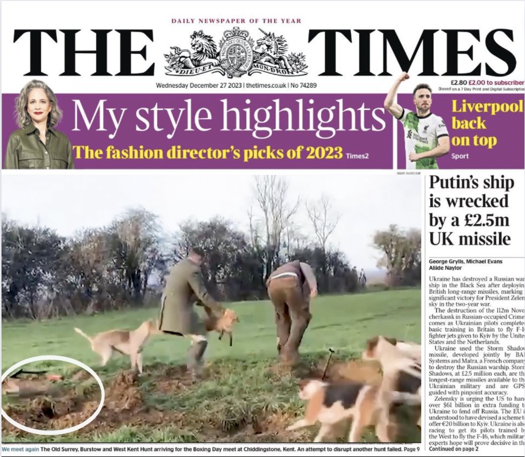 Protect the Wild (@protectthewild_) on Twitter photo This is what today's front cover of The Times should have been.
The reality of the sick 'pastime' of fox hunting where foxes are dug out of their hiding spots to be thrown to a baying pack of hounds.
RT this everywhere to counter the pro-hunt press.
<a href="/ChrisGPackham/">Chris Packham</a> This is what today's front cover of The Times should have been.
The reality of the sick 'pastime' of fox hunting where foxes are dug out of their hiding spots to be thrown to a baying pack of hounds.
RT this everywhere to counter the pro-hunt press.
<a href="/ChrisGPackham/">Chris Packham</a>