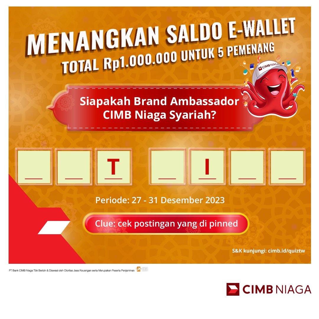 CIMBNiaga's tweet photo. Siapa nih yang mau dapat hadiah saldo e-wallet senilai Rp1.000.000 untuk 5 pemenang?

Cukup jawab pertanyaan di atas &amp; sebagai cluenya kamu bisa cek postingan yang di pinned ya.

Jangan lupa mention lalu ajak temanmu untuk follow social media CIMB Niaga https://t.co/McBjUjETqv