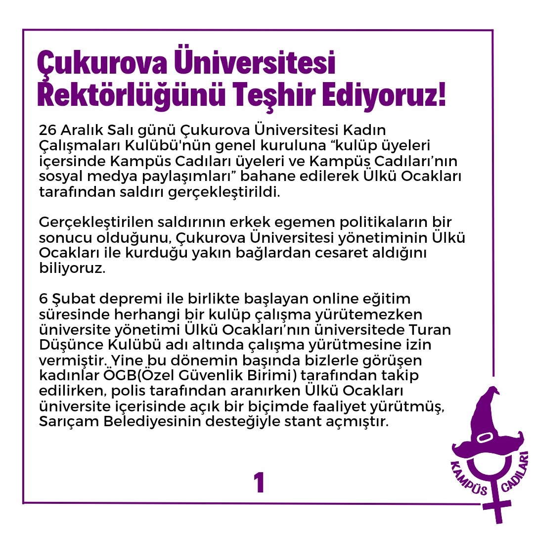 KampusCadi's tweet photo. ÇUKUROVA ÜNİVERSİTESİ REKTÖRLÜĞÜNÜ TEŞHİR EDİYORUZ!

Çukurova Üniversitesi Kadın Çalışmaları Kulübüne yapılan saldırının sorumlularını teşhir ediyoruz. Okulumuzu faşist çetelere teslim etmeyeceğiz! https://t.co/eiqcVECn54