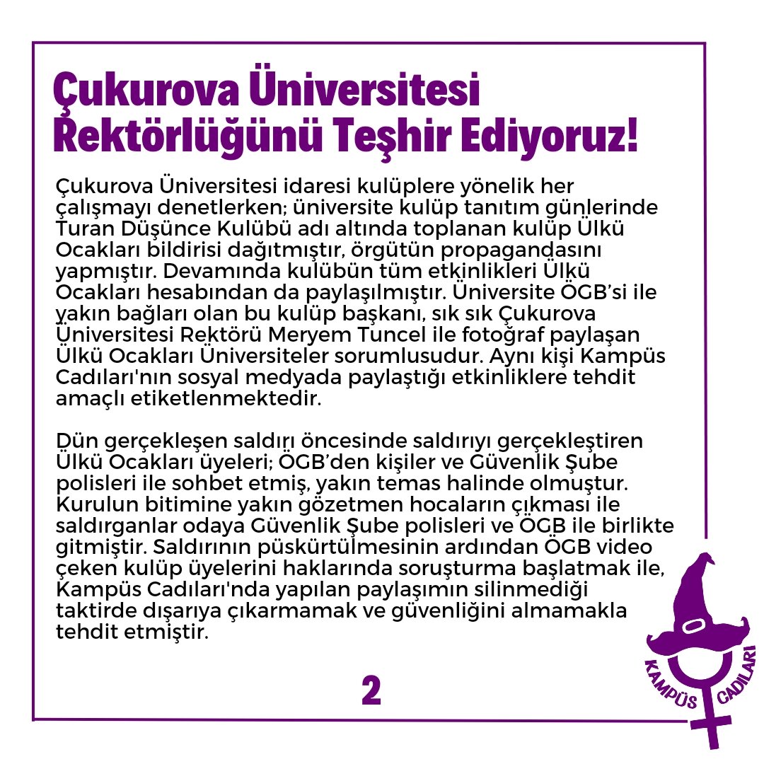KampusCadi's tweet photo. ÇUKUROVA ÜNİVERSİTESİ REKTÖRLÜĞÜNÜ TEŞHİR EDİYORUZ!

Çukurova Üniversitesi Kadın Çalışmaları Kulübüne yapılan saldırının sorumlularını teşhir ediyoruz. Okulumuzu faşist çetelere teslim etmeyeceğiz! https://t.co/eiqcVECn54