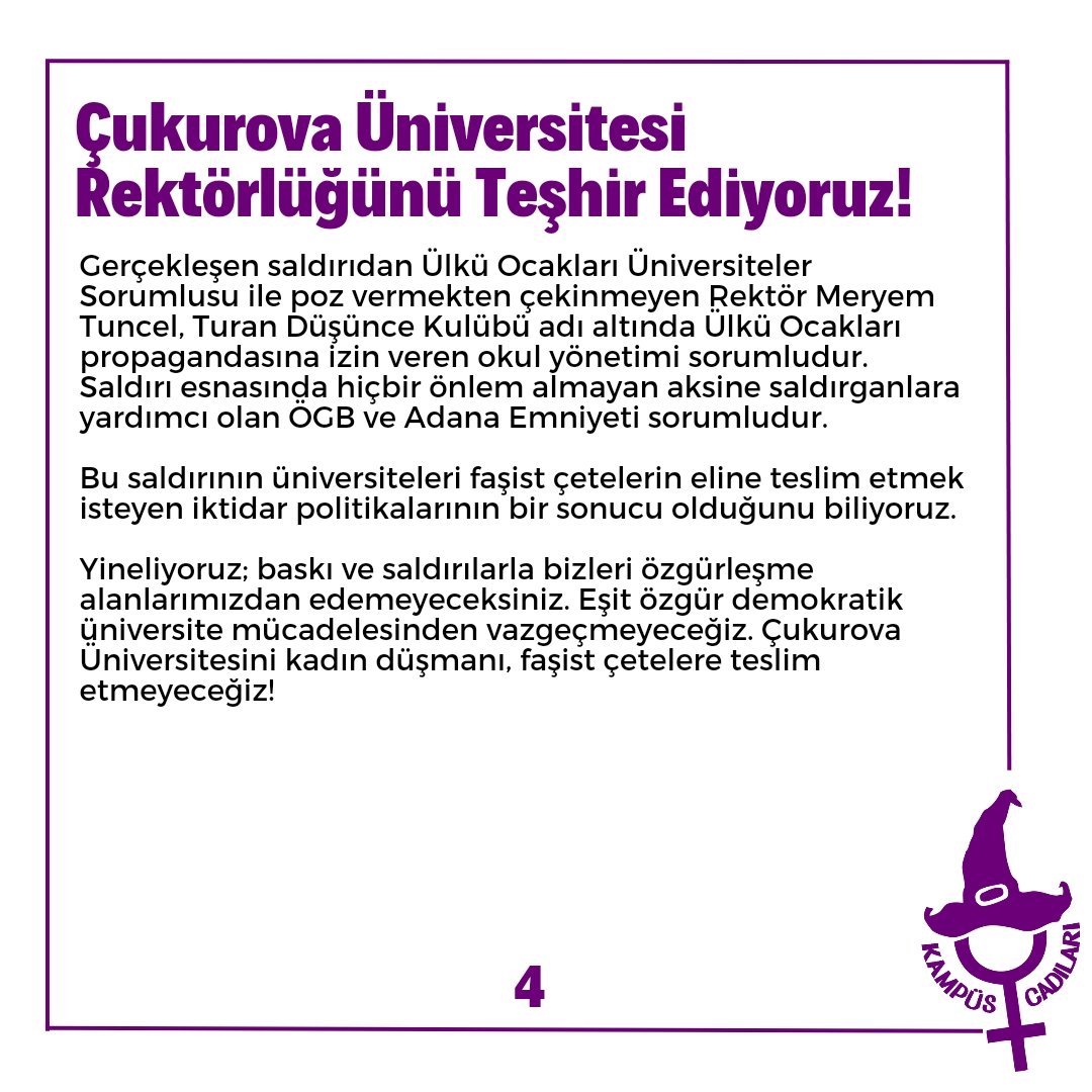 KampusCadi's tweet photo. ÇUKUROVA ÜNİVERSİTESİ REKTÖRLÜĞÜNÜ TEŞHİR EDİYORUZ!

Çukurova Üniversitesi Kadın Çalışmaları Kulübüne yapılan saldırının sorumlularını teşhir ediyoruz. Okulumuzu faşist çetelere teslim etmeyeceğiz! https://t.co/eiqcVECn54