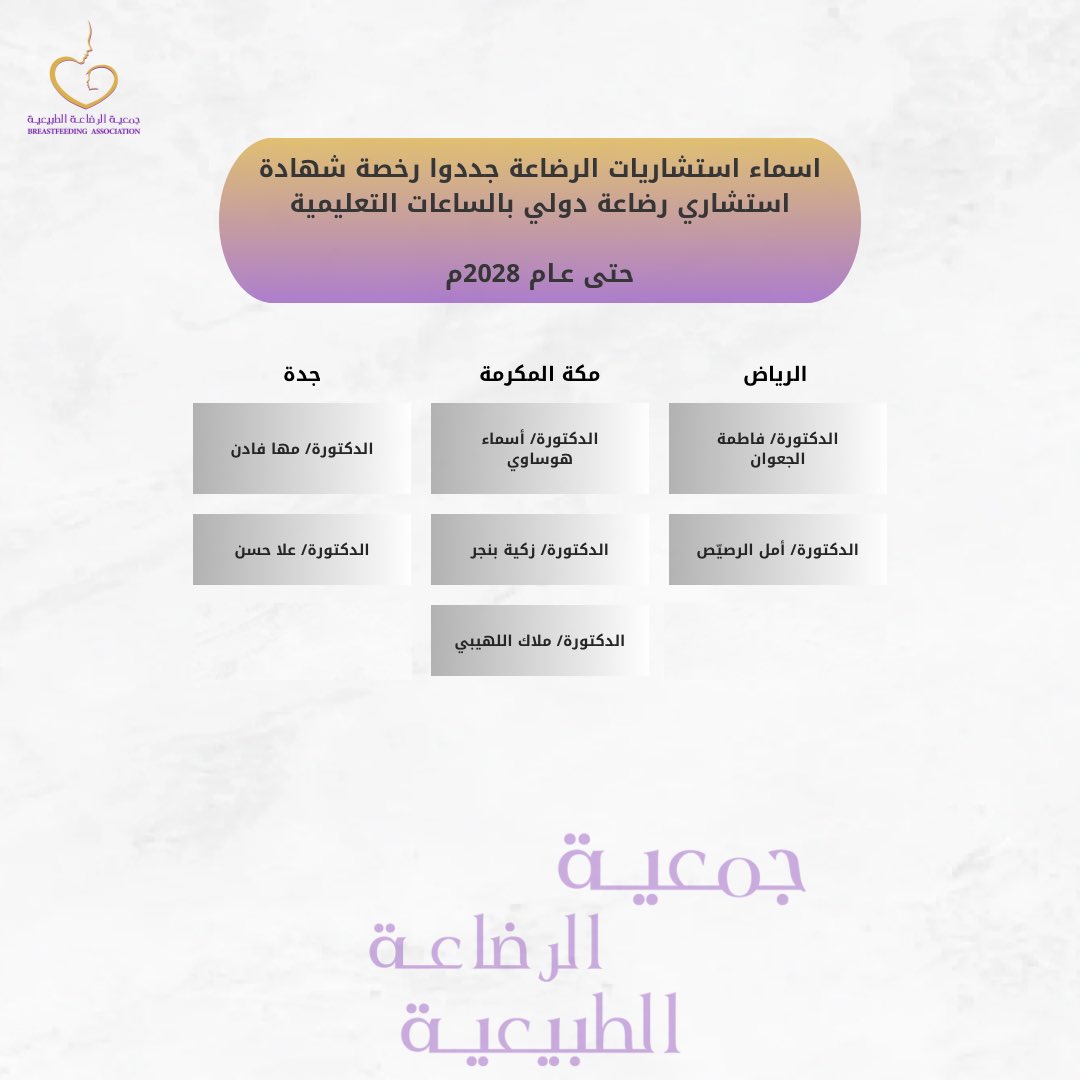 SBFA2020's tweet photo. كما تبارك جمعية الرضاعة الطبيعية لاستشاريات الرضاعة تجديد رخصة شهادة استشاري رضاعة دولي بالساعات التعليمية حتى عام2028م

د.فاطمة الجعوان رئيسة مجلس إدارة جمعية الرضاعة الطبيعية
د.أمل الرصيّص
د.أسماء هوساوي عضو جمعية الرضاعة الطبيعية
د.زكية بنجر
د.ملاك اللهيبي
د.مها فادن
د.علا حسن https://t.co/HDdq0TIgmg