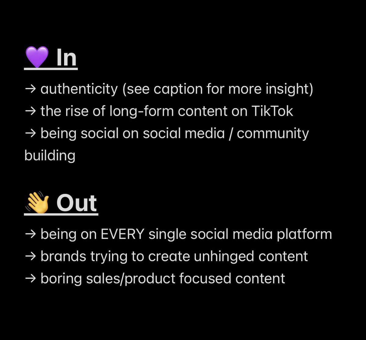 What’s IN and OUT on social media in 2024? 👀💬 

Authenticity is a word that’s thrown around ALL the time but it’s not a strategy, it’s just *what you are*. 

After coronavirus, with more people working from home and the rise of artificial intelligence - people are seeking