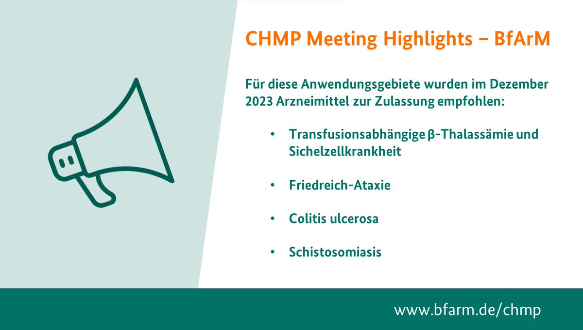 Wir bieten eine Übersicht der aktuellen #CHMP Meeting Highlights der <a href="/EMA_News/">EU Medicines Agency</a>. Darin u.a.: Empfehlungen zur #Zulassung neuer #Medikamente, Erweiterung therapeutischer #Indikationen, neue #EPAR und kürzlich gestartete Verfahren: bfarm.de/DE/Das-BfArM/E…