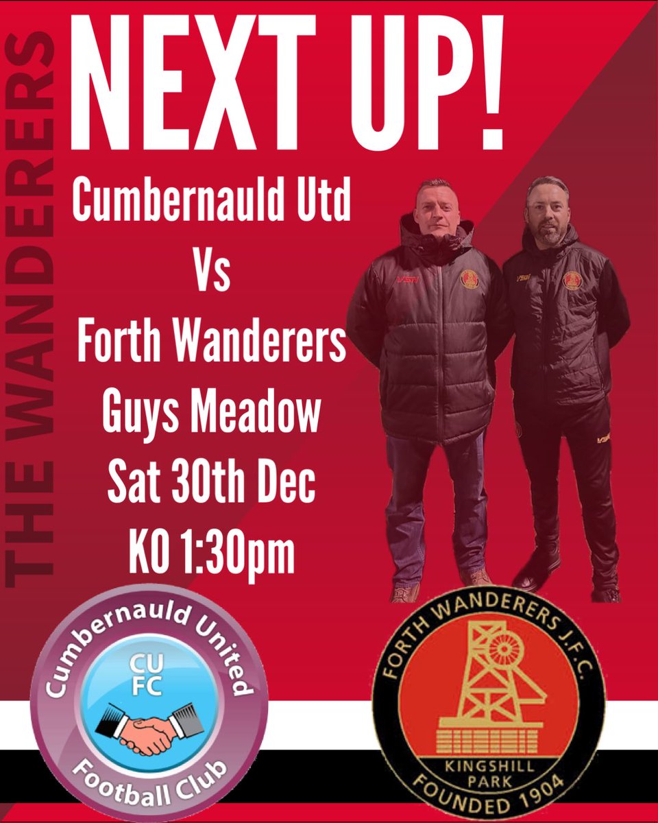 🔴⚫️NEXT UP!!⚫️🔴

All Christmased out?

Why not come along to support the team in their first competitive game under the new management team.

🗓️ Sat 30th Dec
🆚 <a href="/cumbernauldjfc/">Cumbernauld United</a> 
🏟️ Guys Meadow, Cumbernauld Village, G67 2TB
🏆 League
⏰ 1:30pm