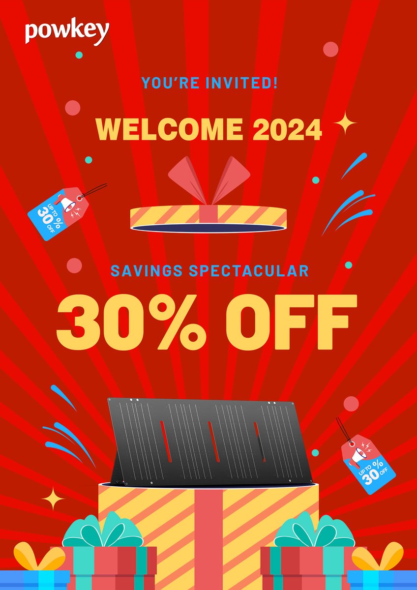 Powkeypower's tweet image. 🎉Start the New Year on a bright note with our amazing offer!
Enjoy a 🎊💲 30% discount on our top-of-the-line foldable solar panels.
🏞️ Harness the power of the sun and take charge of your energy needs.
#foldablesolarpanel #NewYear #powkey
