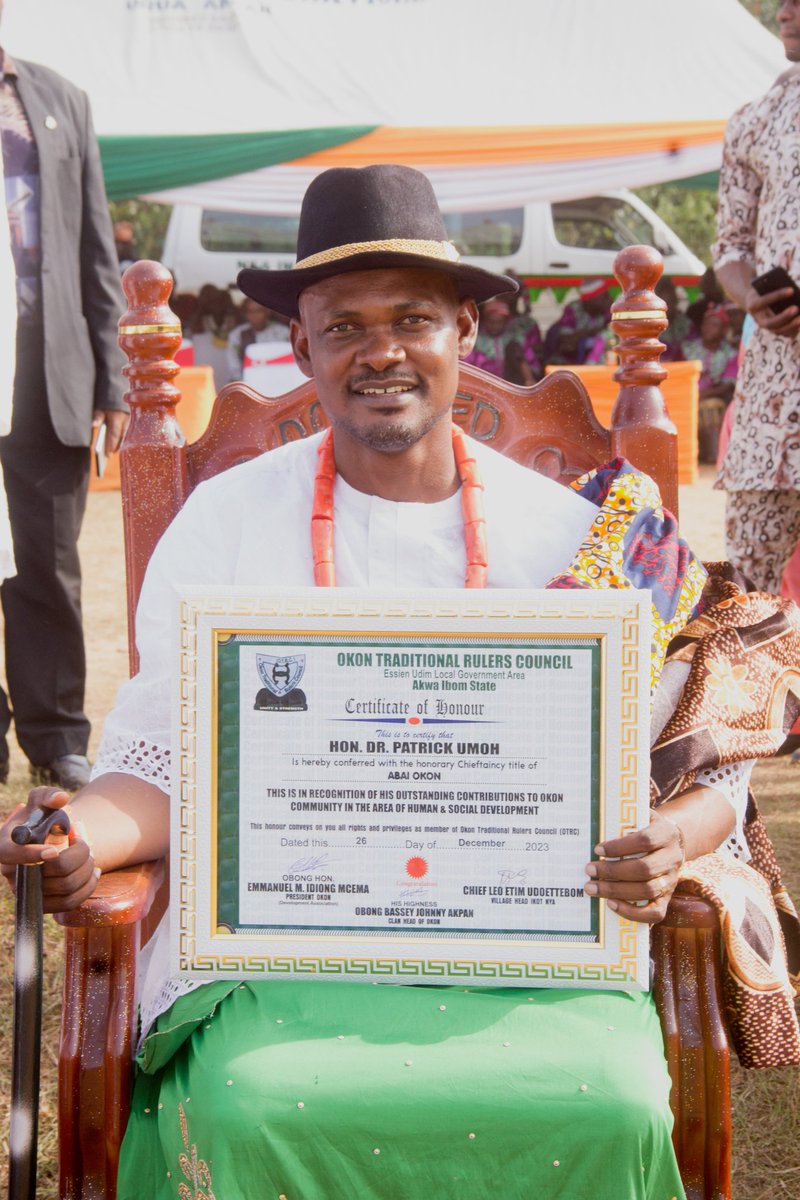drpatrickumoh's tweet photo. Yesterday, I was conferred with the prestigious chieftaincy title "Abai Okon" of the Okon Clan by the Okon Traditional Rulers Council led by His Highness Obong Bassey Johnny Akpan. https://t.co/EOMPBty895