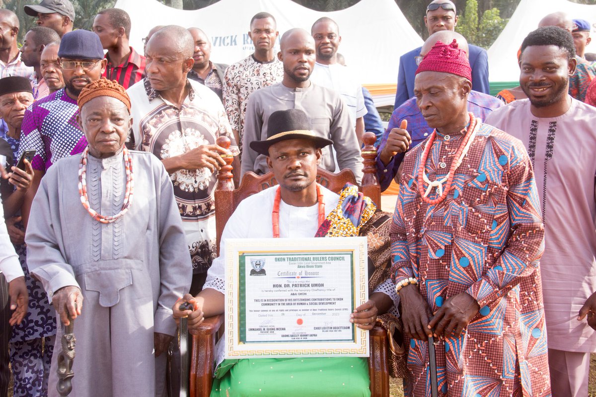 drpatrickumoh's tweet photo. Yesterday, I was conferred with the prestigious chieftaincy title "Abai Okon" of the Okon Clan by the Okon Traditional Rulers Council led by His Highness Obong Bassey Johnny Akpan. https://t.co/EOMPBty895