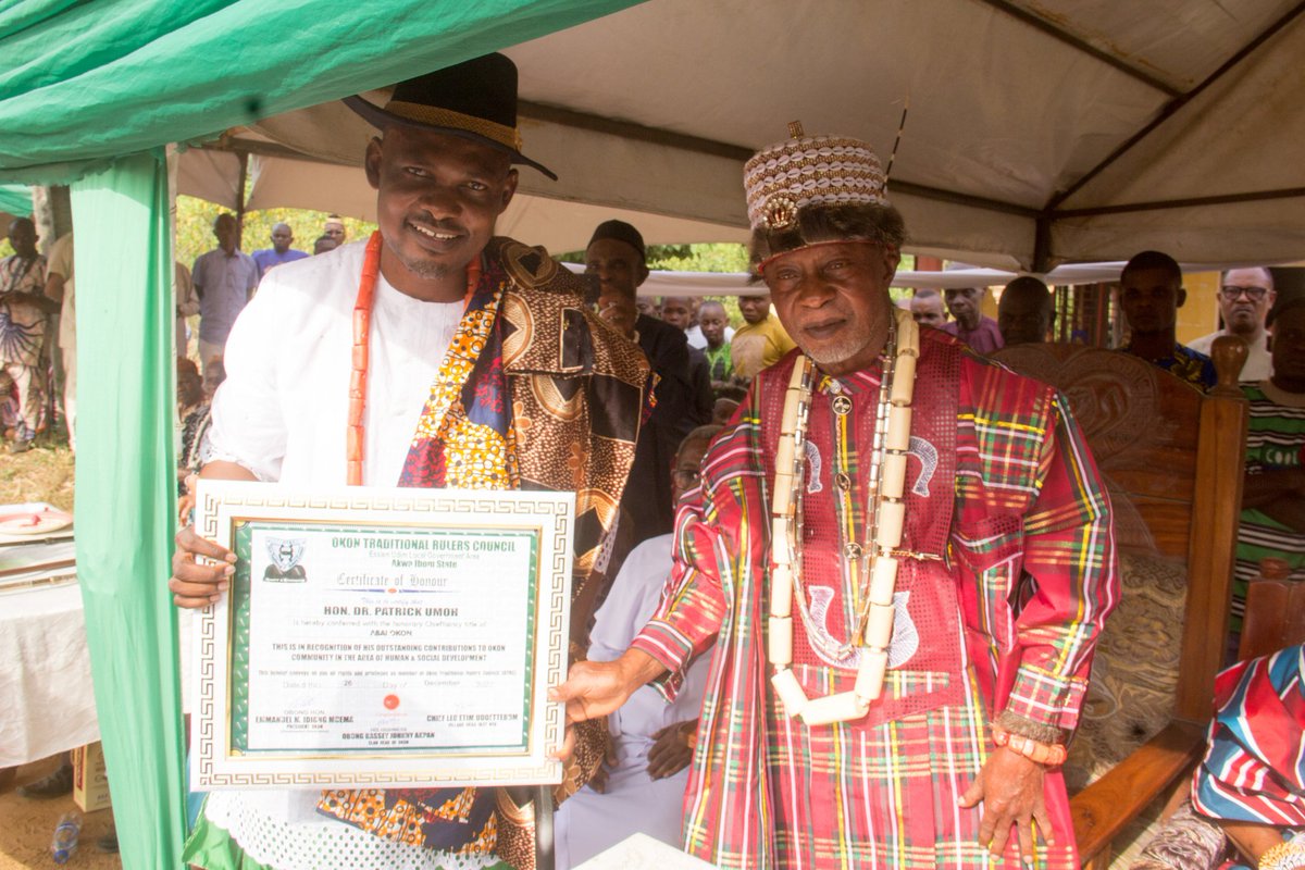 drpatrickumoh's tweet photo. Yesterday, I was conferred with the prestigious chieftaincy title "Abai Okon" of the Okon Clan by the Okon Traditional Rulers Council led by His Highness Obong Bassey Johnny Akpan. https://t.co/EOMPBty895
