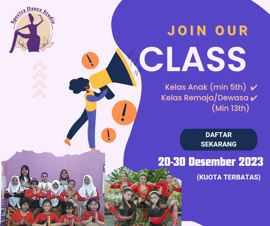 SpectraDance's tweet photo. Pendaftaran segera Ditutup! 
Quota Kelas Anak tersisa 1 spot untuk usia 5-7th. 
Kelas Remaja dan Dewasa masih tersedia 4 spot. Klik
https://t.co/m2Y3Pbhr9J utk info pendaftaran dan form online. 
#sanggartari #sanggartariwaru #sanggartariremaja #sanggartaridewasa #sidoarjo https://t.co/1zL4P7t9eO