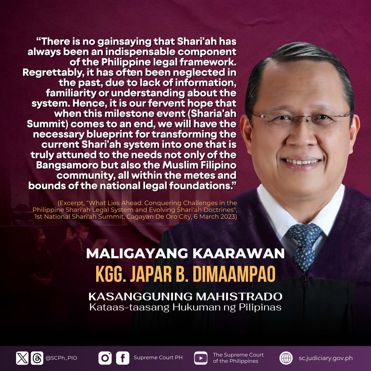 SCPh_PIO's tweet photo. Today is the birthday of Associate Justice Japar B. Dimaampao. Happy birthday, Your Honor.

Learn more about Justice Dimaampao, the 191st Associate Justice of the Supreme Court of the Philippines: https://t.co/n094zZqwDa https://t.co/GVLWcSvAHp