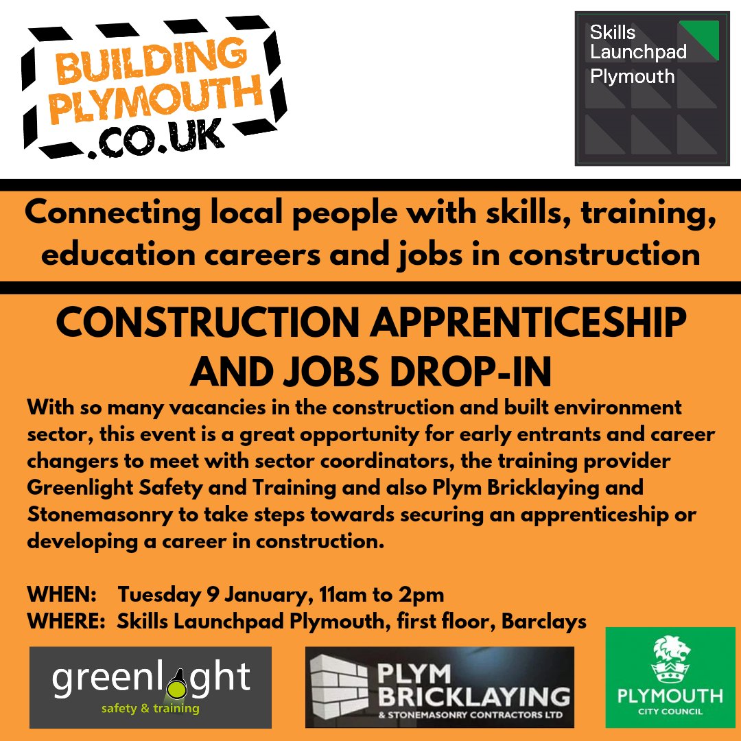 Looking to start a new career in 2024? Thinking about construction? Come along to our sector drop in on Tuesday 9 January 2024 to meet with our construction coordinators. You can also chat to @Greenlight Safety and Training and #plymbricklaying. See you there!
