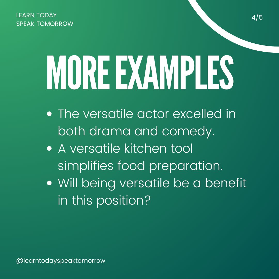 LeandasEnglish's tweet photo. Add a twist to your language! Let's play with the C2 adjective "versatile" today. Bring on your creative spirit and thrill us with your extraordinary usage of the word in a sentence. Can't wait to be amazed by your clever wordplay! #WordChallenge #VersatileUsage https://t.co/X5MfqYPaSd
