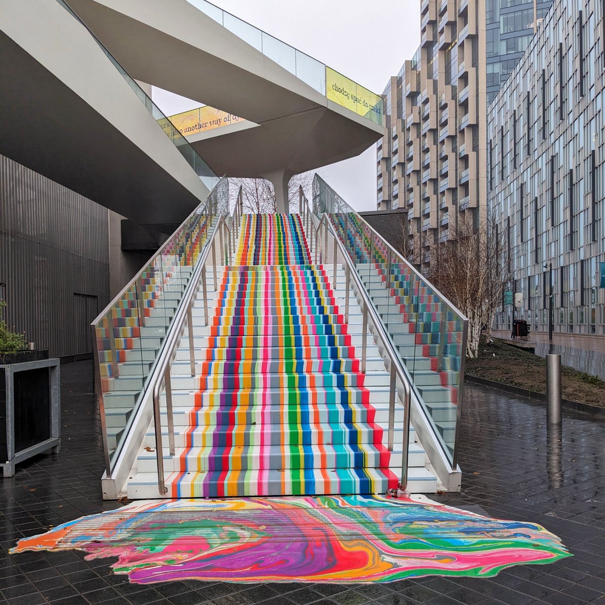 LondonArtCritic's tweet image. The Tide on Greenwich peninsula likes to give its stairs over to a different colourful artist each time and now it’s the turn of Ian Davenport - just what you want to see on a cold wintry day.