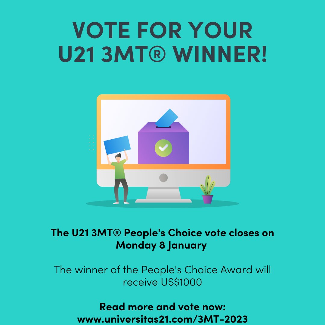Have you got 3 minutes? Then visit the U21 3 Minute Thesis Global Showcase and learn about some fascinating research projects. Don't forget to cast your vote for the People's Choice Award while you are there! universitas21.com/3MT-2023