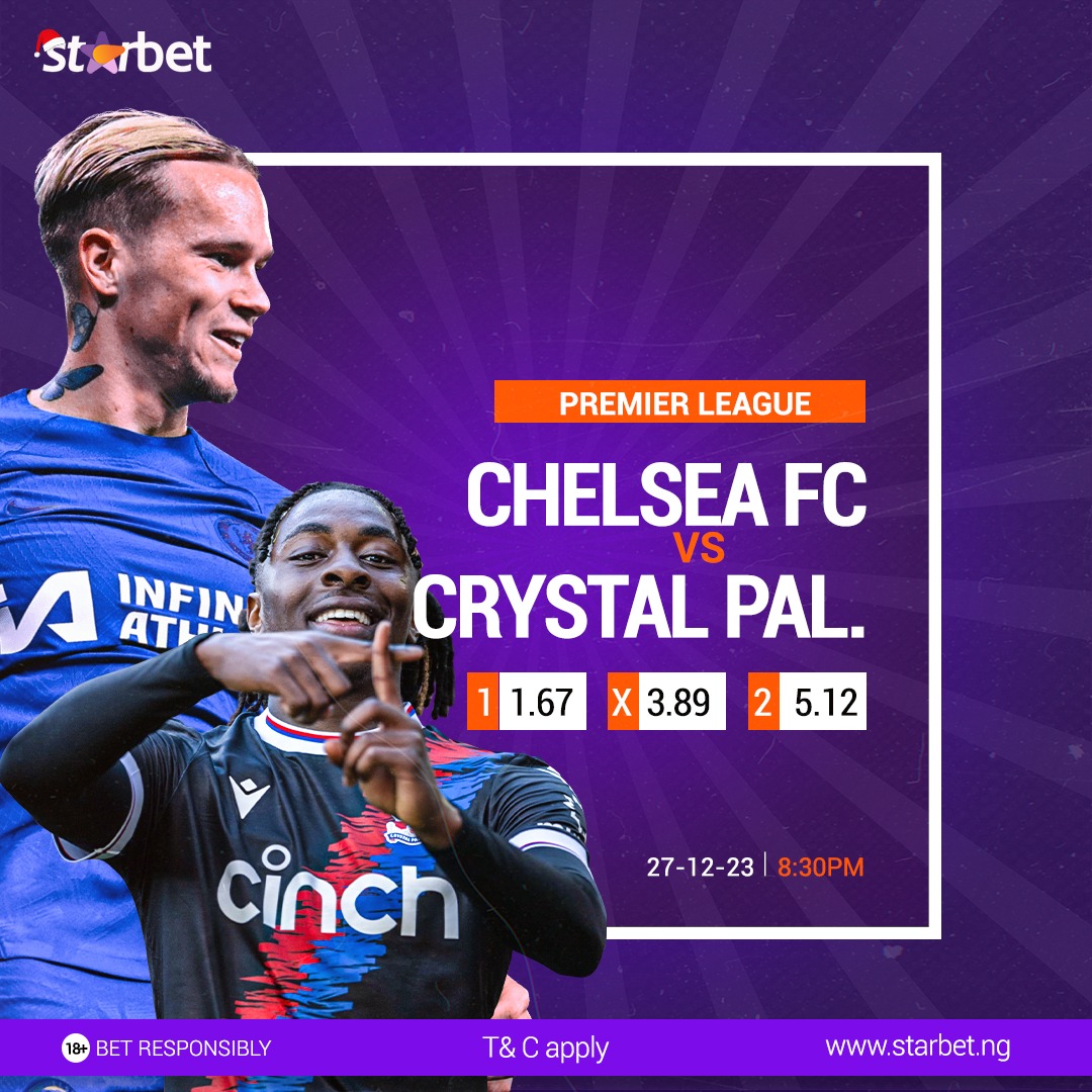 officialstarbet's tweet photo. Chelsea vs Crystal Palace. Premier League.
8:30pm, Wednesday 27th December 2023.

Stamford Bridge.

Visit the website https://t.co/qOPVkUjGir

Bet Responsibly (18+)
------
#Starbet #Everyonewins
#ChelseaFC
#CrystalPalacefc
#footballfixture
#PremierLeague https://t.co/9z1bAR3C5r