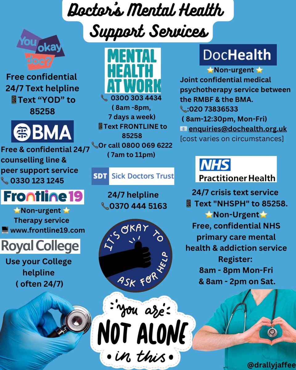 #MedTwitter I am devastated to hear of yet another doctor, who’s life has ended prematurely to suicide. A total tragedy. Please know there is help out there.I’ve  created this resource to support #doctorsmentalhealth. 
“Take care of those who take care of others.”  <a href="/amateuradam/">Adam Kay</a>