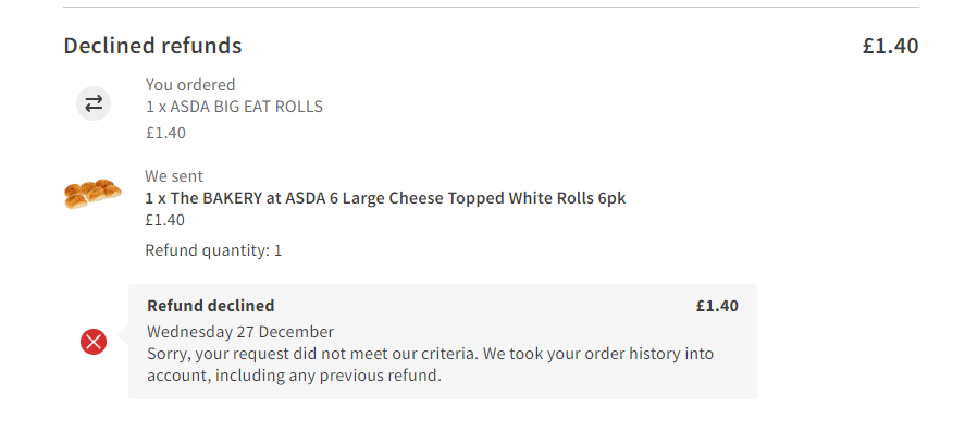 jimryder's tweet photo. @AsdaServiceTeam why AGAIN has this refund been refused. Sick of having to chase these refusals with you EVERY order. Substituted item has a use by date of TODAY. That's no good to anyone. https://t.co/NENDWLjaUq