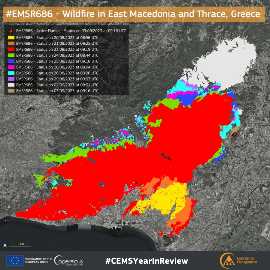 #CEMSYearInReview – August

The largest #wildfire ever recorded 🔥 in the 🇪🇺 ravaged the area of #Evros, in Eastern #Greece🇬🇷 this past summer

Our #RapidMappingTeam was activated to support emergency responders and help assess the damage #EMSR686

🔗rapidmapping.emergency.copernicus.eu/EMSR686/report…