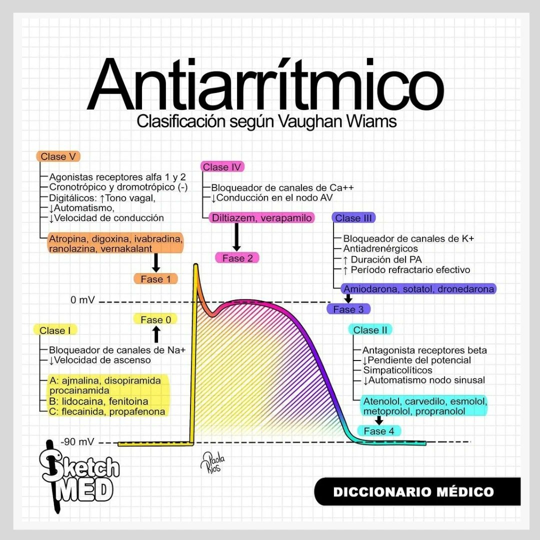 La clasificación de los #antiarrítmicos según #VaughanWilliams se divide en diferentes clases que se basan en los efectos electrofisiológicos y mecanismos de acción.
.
Infografía #sketchmed
 #formaciononline #formacionsanitaria #cursoonline #sanitarios #diccionariomedico