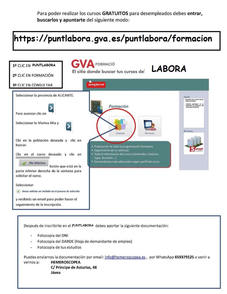 Programación cursos FPE 2023-2024 para empezar en Enero 
¡INSCRÍBETE YA EN HEMEROSCOPEA O EN PUNTLABORA!
Cursos totalmente GRATUITOS de LABORA, dirigidos prioritariamente a personas desempleadas y ocupadas.
PLAZAS LIMITADAS. Si te interesa algún curso, escríbenos 659379125