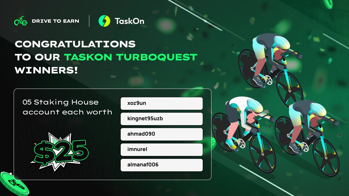 DriveToEarn0's tweet photo. 🎉 Congratulations to Our TaskOn Turboquest Winners! 🎉

Rev up your excitement as we unveil the victors of the ‘TaskOn Turboquest - Your Next Adventure with Bountiful Prizes’ minigame!

🏆 05 Top Speed  receive a free $25 account: 
      🔷 xoz9un 
      🔷 kingnet95uzb 
      🔷 ahmad090 
      🔷 imnurel 
      🔷 almanaf006

🙏 Your participation has accelerated the success of our first TaskOn Turboquest minigame beyond our wildest dreams! A huge thank you to all participants for the thrilling two weeks.

📬 Please contact DTE moderator @topvalue on Telegram and submit your Staking House Wallet ID to claim your rewards

🤟 Stay tuned for more innovative news and updates!

🌐 DTE channels: https://t.co/H4QJJupVrt

💥 Get started: https://t.co/LHwDesedYl

#DriveToEarn #DTE #StakingHouse #EscapeRoom #Powerball #Blockchain #Crypto