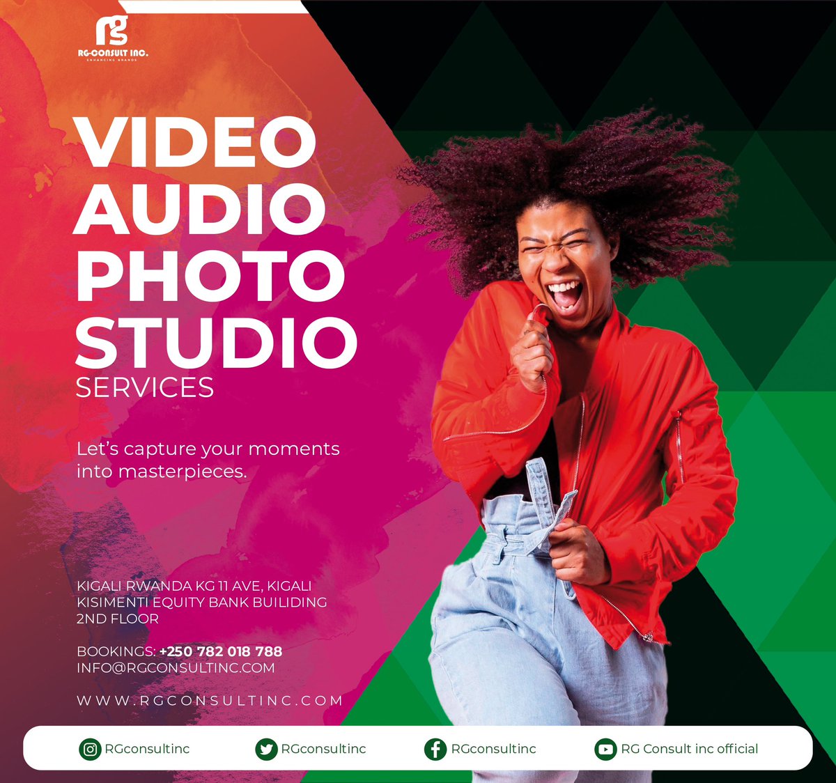 Whether it’s #AudioProduction, #VideoProduction, or #PhotoSessions, @Rgconsultinc has got you covered. Book your #Studio time now! 🎬📸 
For Bookings, call: 0782018788 or email: Info@rgconsultinc.com