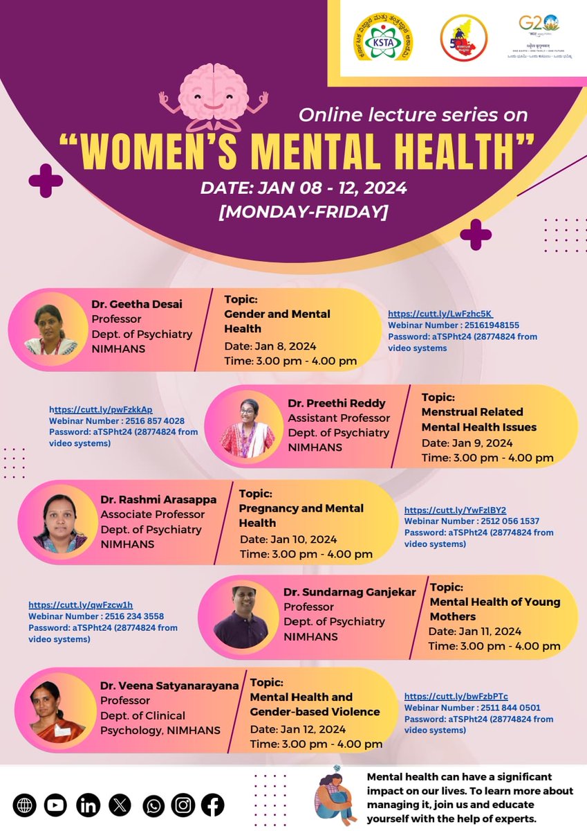 Exciting news! Karnataka Science and Technology academy is hosting an online lecture series on women's mental health from Jan 8-12, 2024.  Join us for empowering talks by distinguished speakers. Let's build a supportive community for mental well-being. 
#WomenMentalHealth