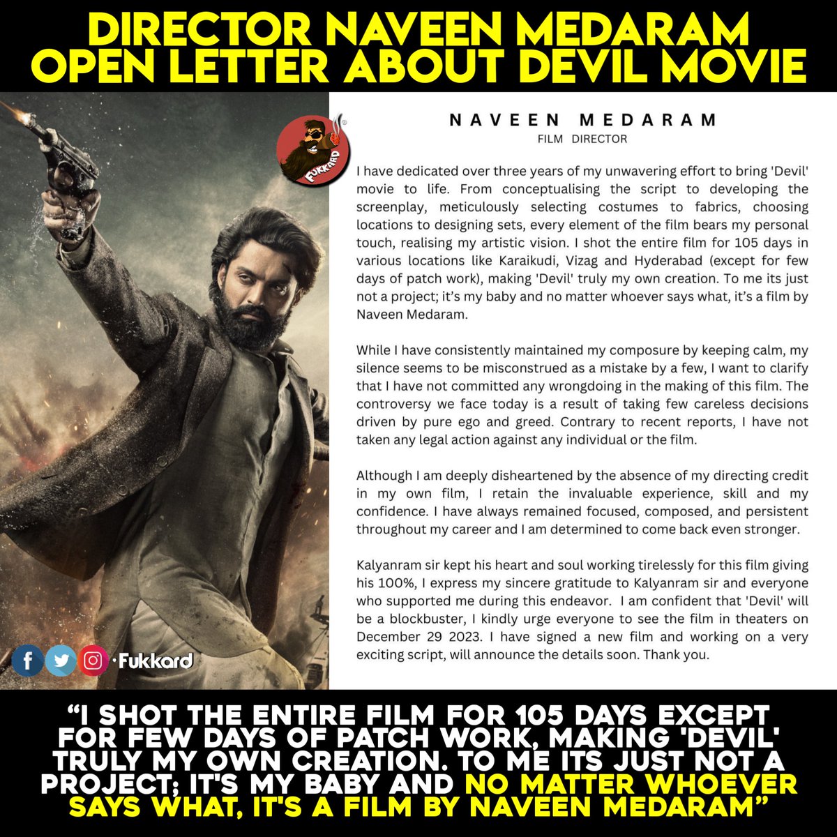 Fukkard's tweet image. Feeling Sad for #NaveenMedaram..

#Devil #DevilonDec29th