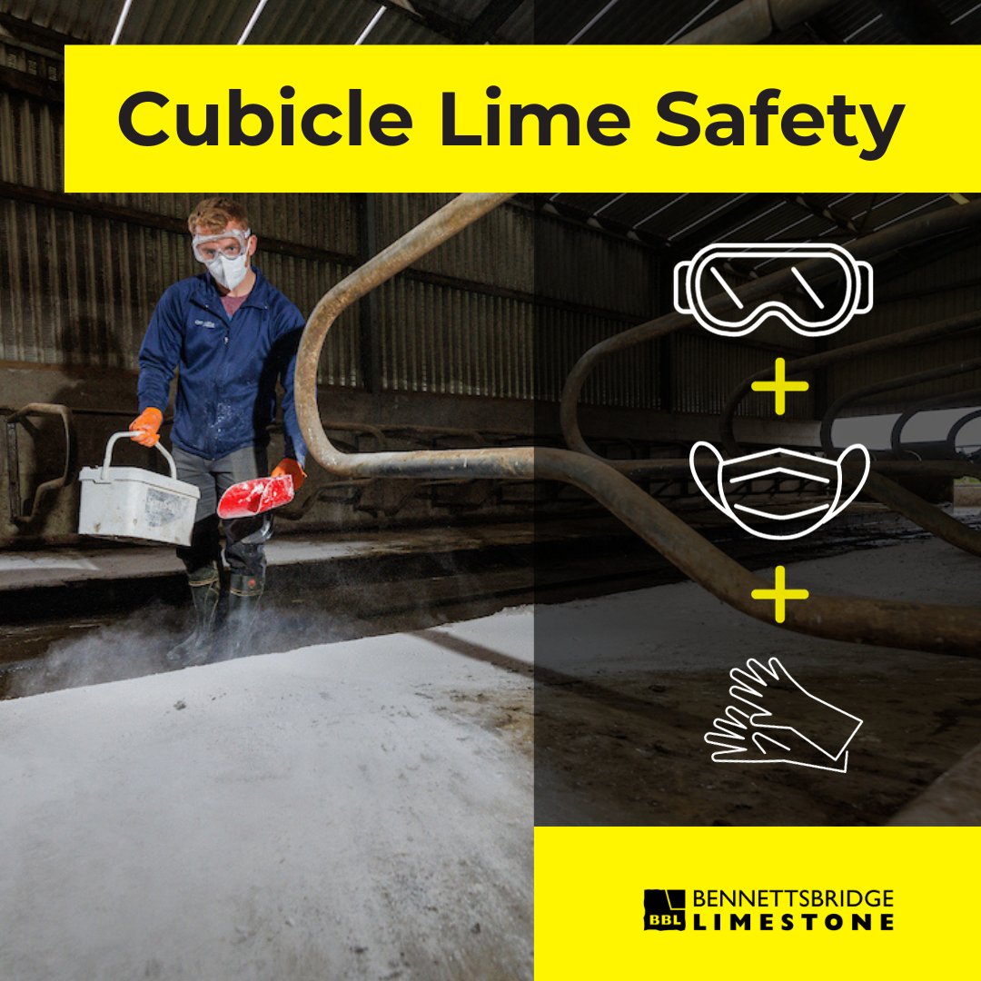 BennettsbrgLime's tweet photo. ⚠️Remember - Any type of cubicle lime can be damaging to your health.👇
✅Wear a pair of safety goggles and a face mask
✅Milking gloves will protect your hands
✅Use a scoop or a handheld container to lime the cubicles
#TimeToLime #TeamDairy #CubicleLime https://t.co/o60Wmcnbbq