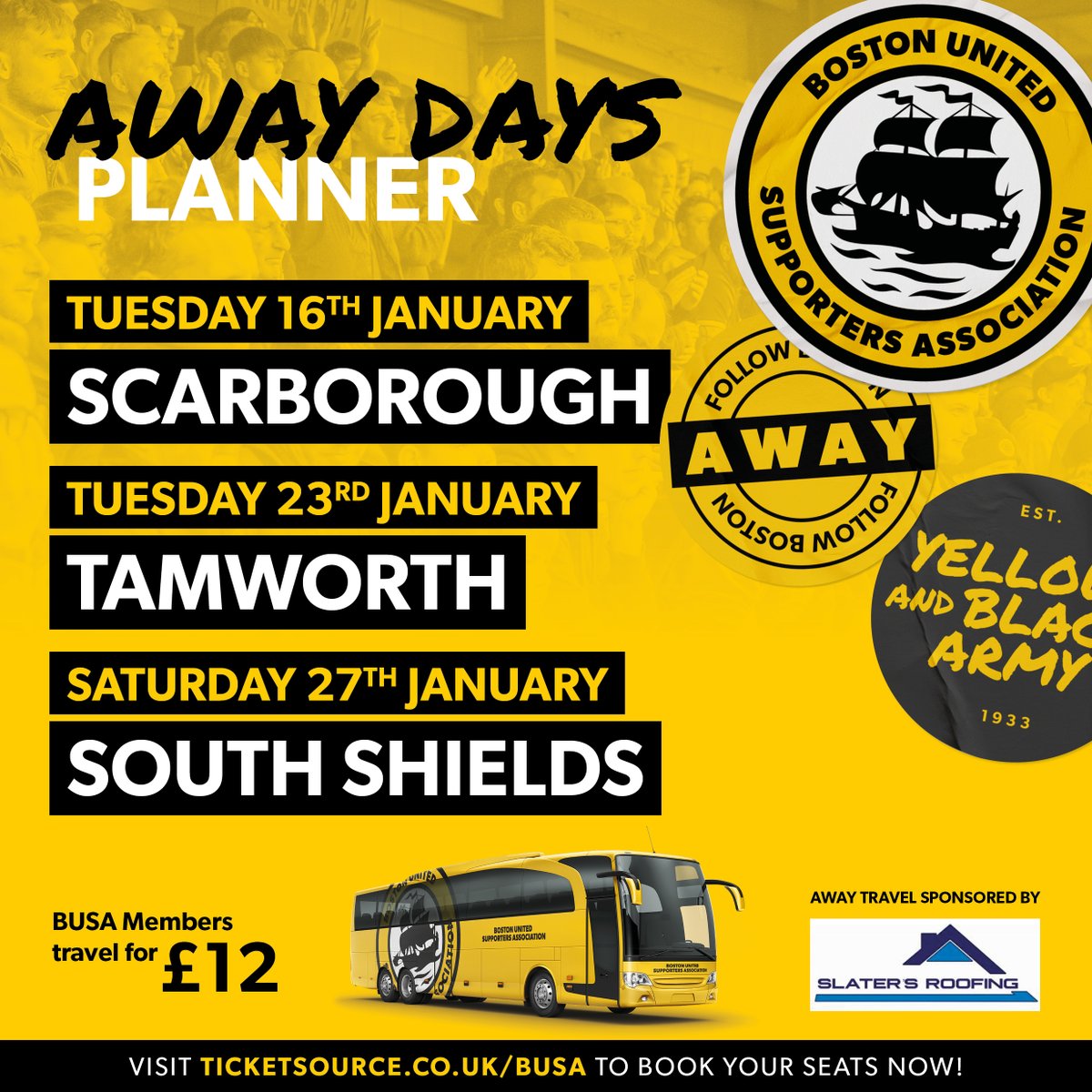 🚌 Let's continue our fantastic away support into January!

The boys are on a roll and so are we...

🔴 Scarborough: 18
🔴 Tamworth: 31
🟤 South Shields: 32

🎫 ticketsource.co.uk/busa
