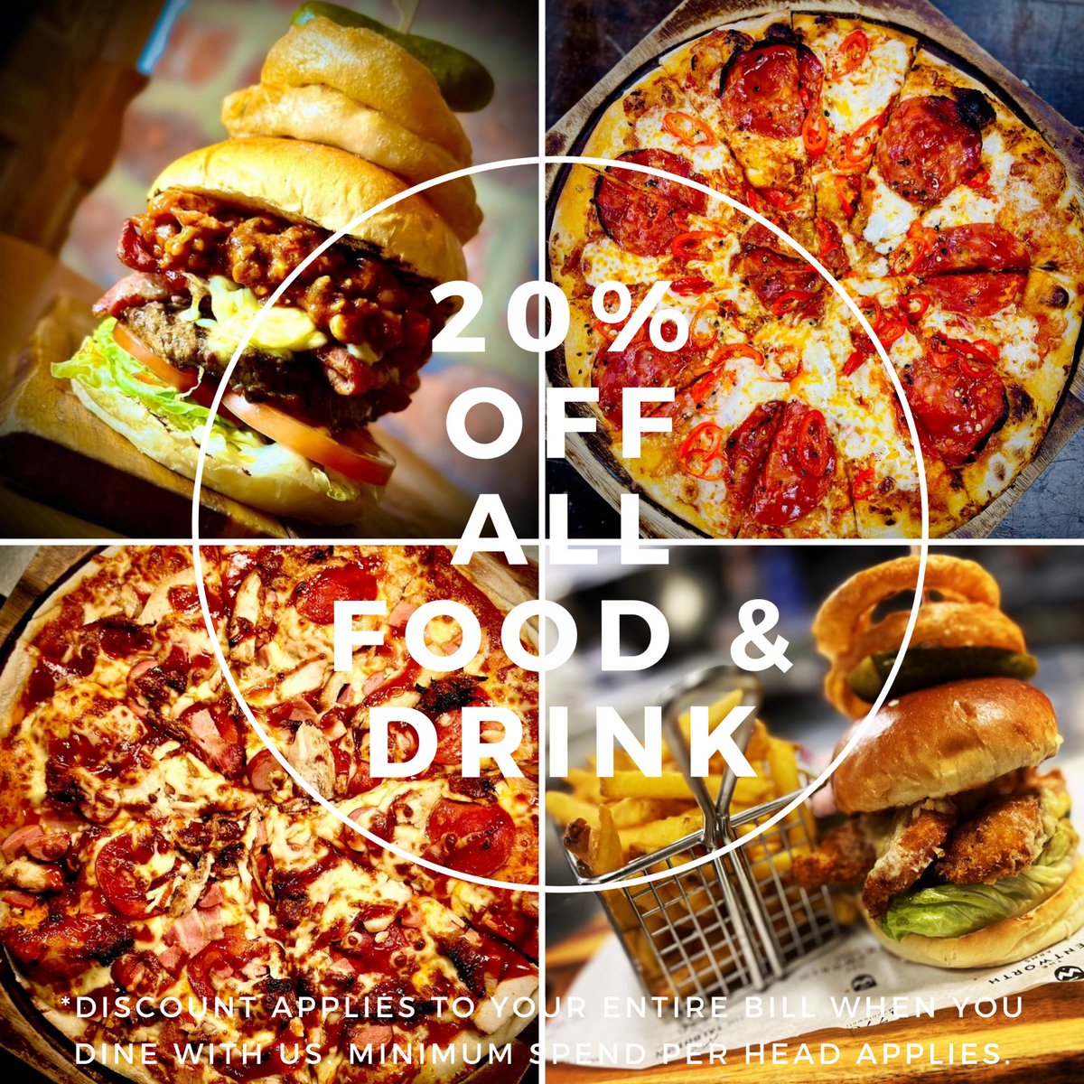 We’re open from 12 noon and it’s 𝟮𝟬% 𝗢𝗙𝗙 𝗔𝗟𝗟 𝗙𝗢𝗢𝗗 &amp; 𝗗𝗥𝗜𝗡𝗞 when you dine with us every 𝗪𝗘𝗗𝗡𝗘𝗦𝗗𝗔𝗬 🍔🍕🍻🍷
