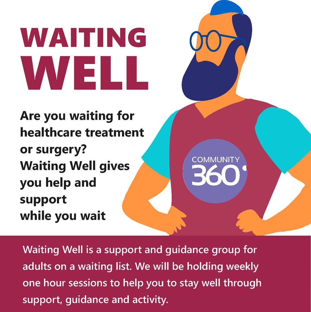 Are you waiting for healthcare treatment or surgery? Waiting Well gives you help and support while you wait. We will hold weekly one-hour sessions to help you stay well through support, guidance and activity Contact Emily Wingate 01206 505250 - information@community360.org.uk