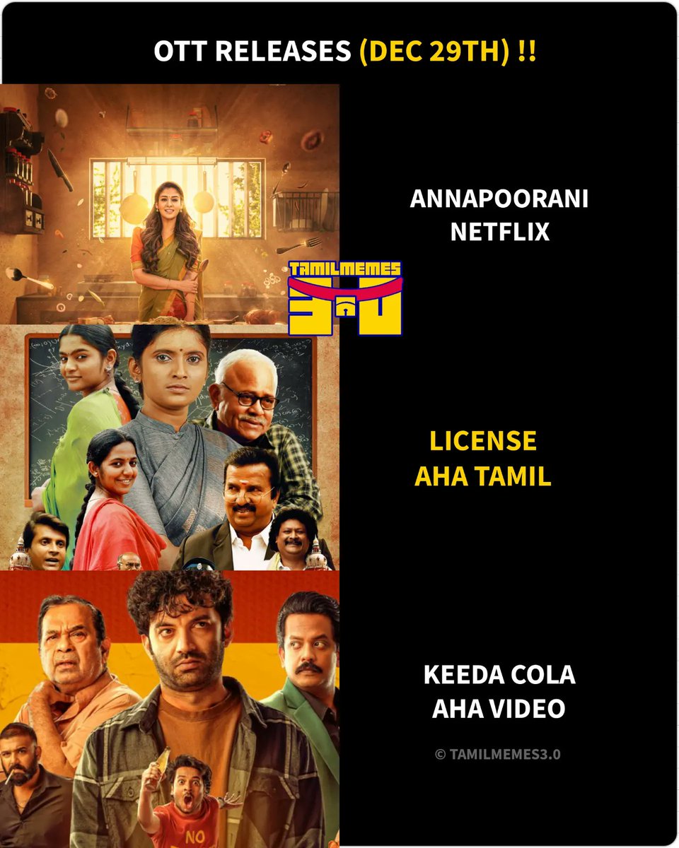 tamilmemes30's tweet photo. Ott releases (Dec 29th) 🎬💥

#Annapoorani | #Licence | #Keedacola | #12thfail | #berlin | #Dixie | #onceupontwotimes | #shastryvirudhshastry | #ThreeofUs | #Safeed https://t.co/kCCugDZwzf
