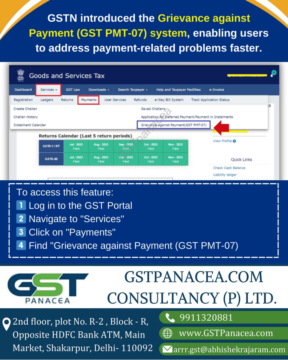 GSTN introduced the Grievance against Payment (GST PMT-07) system, enabling users to address payment-related problems faster.

 #GSTN #GSTPMT07 #paymentproblems #GrievanceSystem #fasterpayments #GSTupdates #GSTsupport