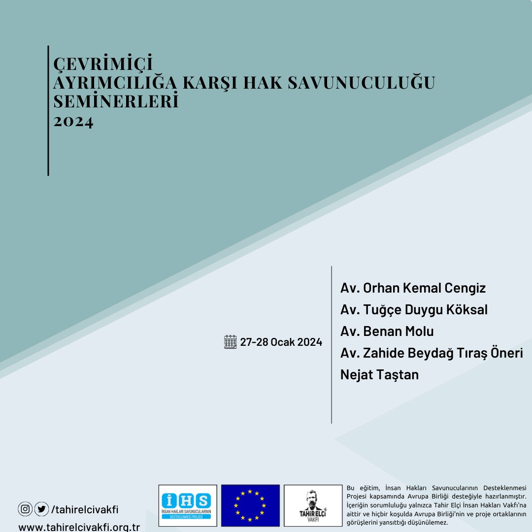 Avukatlara ve stajyer avukatlara yönelik olarak çevrimiçi gerçekleşecek olan Ayrımcılığa Karşı Hak Savunuculuğu seminerlerine başvurular başladı. Başvuru ve ayrıntılı bilgi için⬇️ tahirelcivakfi.org/ayrimciliga-ka…