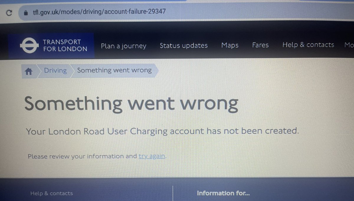 MazzaLee74's tweet photo. @TfL  you don’t even have a website that can create a Road User Account!!!  Tried about 20 times.  Glad the charges are being put to good use 🙈 #coder https://t.co/7LSBANl71m
