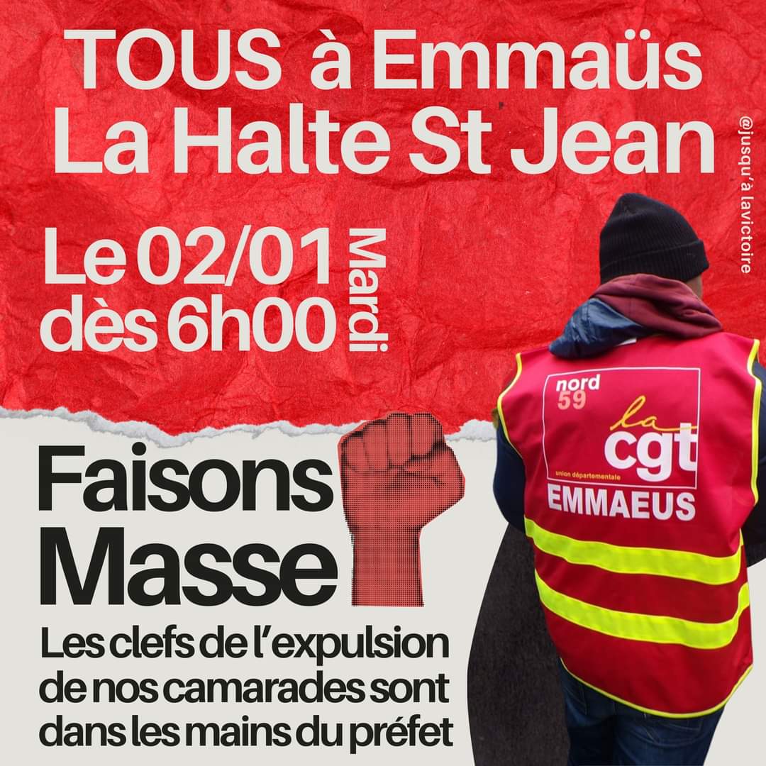 𝐋’𝐔𝐧𝐢𝐨𝐧 𝐃𝐞́𝐩𝐚𝐫𝐭𝐞𝐦𝐞𝐧𝐭𝐚𝐥𝐞 𝐝𝐞𝐬 𝐒𝐲𝐧𝐝𝐢𝐜𝐚𝐭𝐬 𝐂𝐆𝐓 𝐝𝐮 𝐍𝐨𝐫𝐝, appelle à un large rassemblement, le 𝟐 𝐣𝐚𝐧𝐯𝐢𝐞𝐫 𝐝𝐞̀𝐬 𝟔𝐡𝟎𝟎, devant le 181 avenue du Général LECLERC à Saint André Lez-Lille.
Faisons masse contre l'expulsion de nos Camarades.