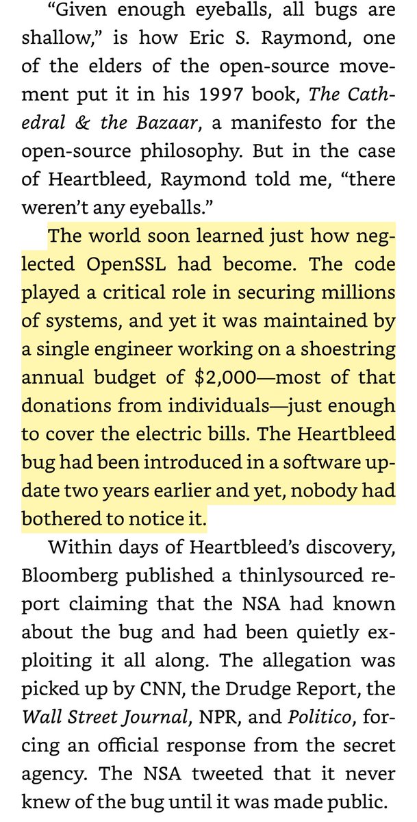 On the 2014 Heartbleed exploit that built upon a flaw in the OpenSSL encryption protocol. 

It's extraordinary how so much of the internet infra today utilizes open source building blocks and these are so often reliant on very small teams or solitary individuals for upkeep.
