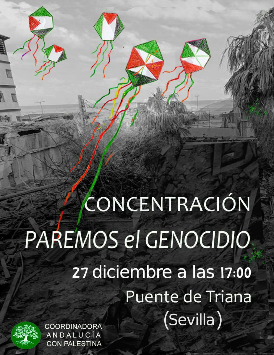 Hoy nos volveremos a concentrar  para exigir el alto el fuego permanente,la entrada de ayuda a Gaza,parar este genocidio y exigir también a nuestro gobierno el embargo de armas a Israel y la ruptura de relaciones. Realizaremos una performance recreando un Belén bajo las bombas.