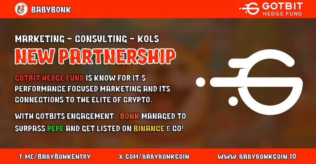 BabyBonkCoin's tweet photo. 📢 Big news! 
BABYBONK X GOTBIT COLLAB

BabyBonk is thrilled to partner with @gotbit_io, one of the leading MM firms in the crypto industry. 

Together, we're working to boost liquidity and market efficiency on both centralized and decentralized exchanges. https://t.co/X0gdIkhrmg