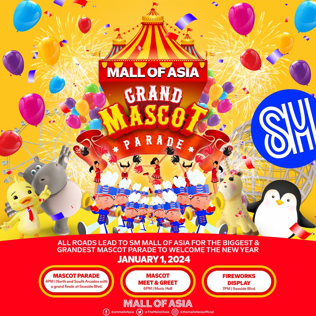 ❤️ SAVE THE DATE ❤️ Brace yourselves for an unforgettable experience! Let’s all welcome the new year together at the biggest carnival-themed MOA GRAND MASCOT PARADE! 🎟️ Join us as we paint the town with colors, laughter, and pure joy on January 1, 2024! Fun starts at 4PM! 🎡🎶